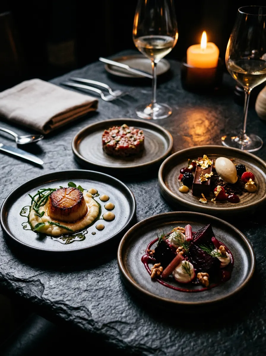 Platos del menú degustación sobre una mesa de piedra con copas de vino blanco y una vela