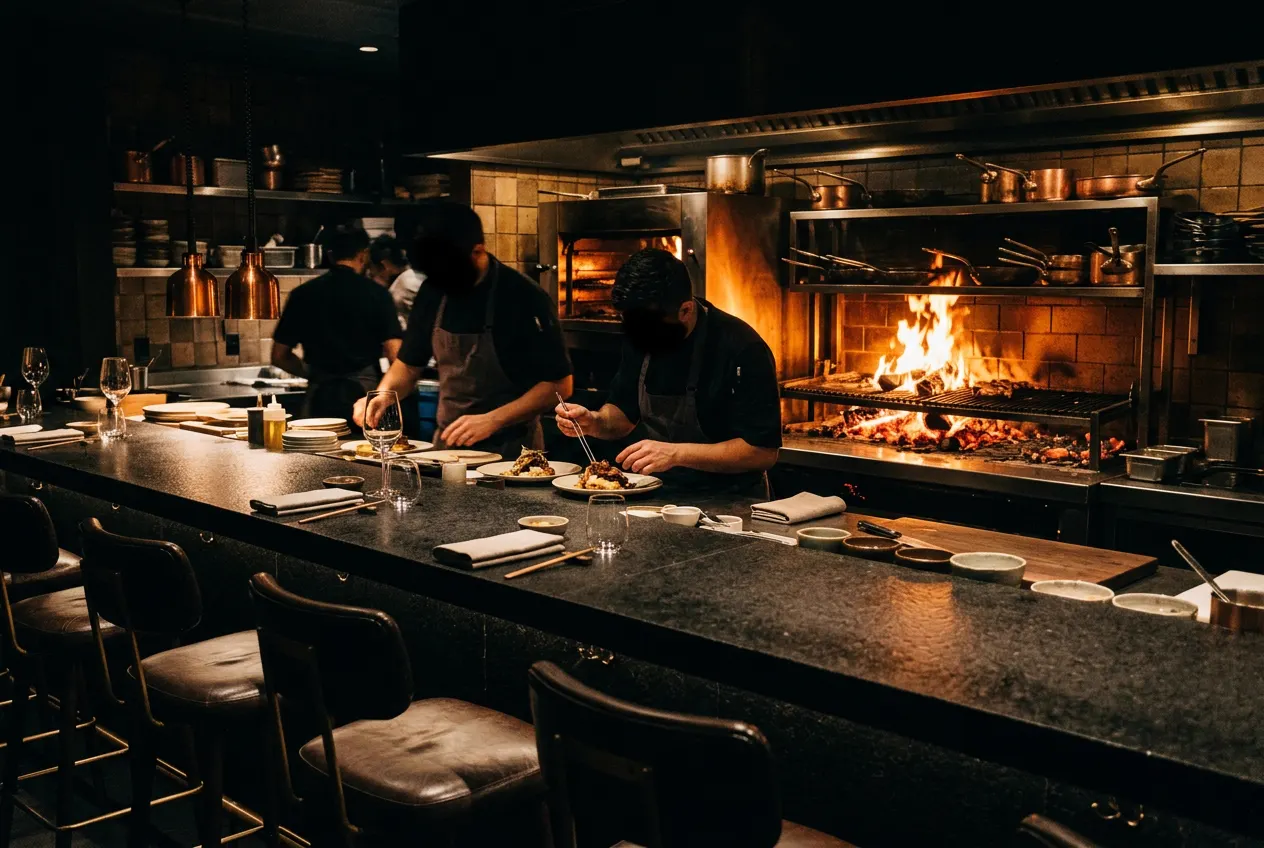 Barra gastronómica de piedra volcánica frente a la cocina abierta con brasas y fuego
