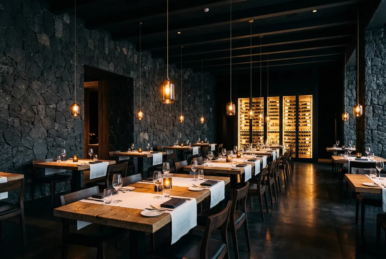 Salón principal con muros de piedra volcánica, mesas de roble y bodega acristalada iluminada