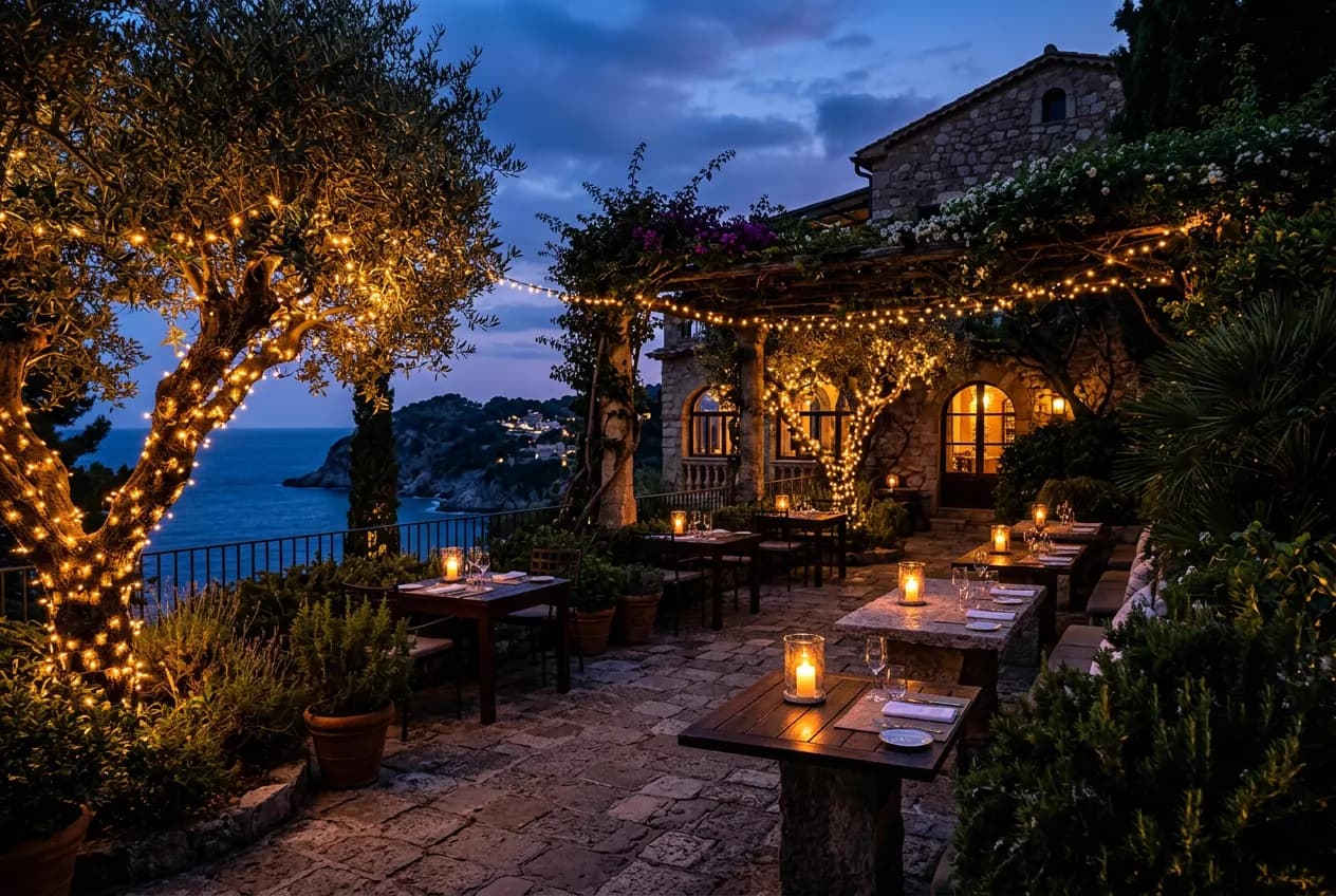 Terraza jardín con olivos iluminados con luces cálidas y mesas con velas al atardecer